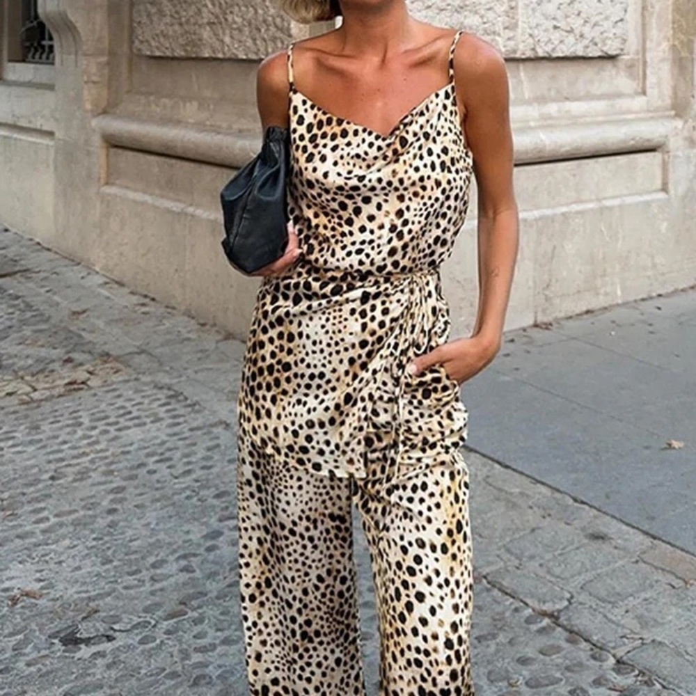 ZARA LEOPARD ANIMAL PRINT SATIN EFFECT DRAPED CAMI TOP TIE WAIST Cream Brown S